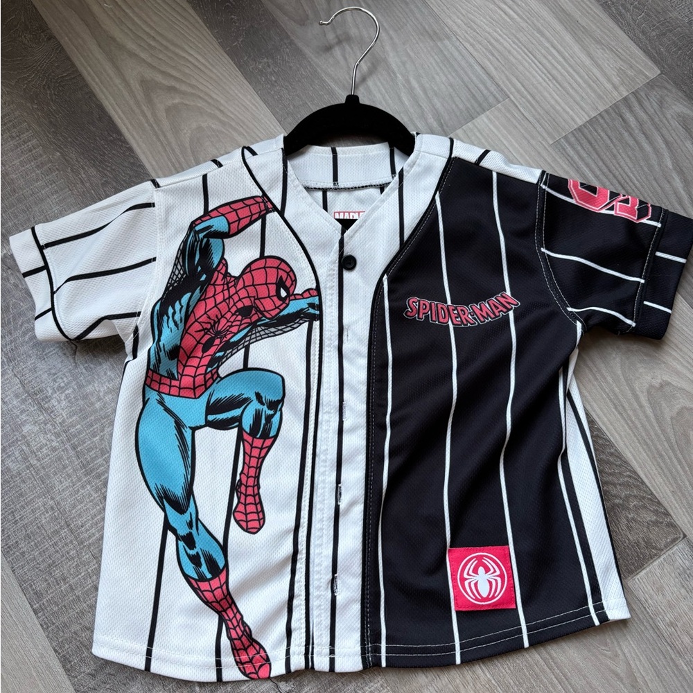 Marvel Spider-Man Black & White Baseball Jersey with Red & Blue Graphic
